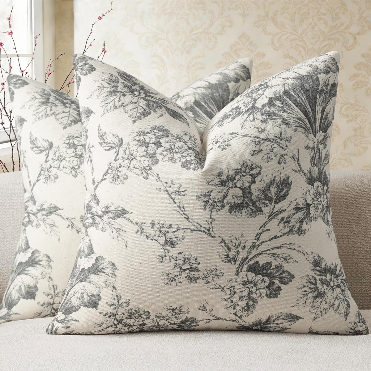 Buenohuas Farmhouse Decorative Pillow Covers 18x18 Set of 2, Vintage Botanical Floral Patterned Cushion Covers for Sofa Couch Chair Bed Living Room Home Decor Accents, Olive Green