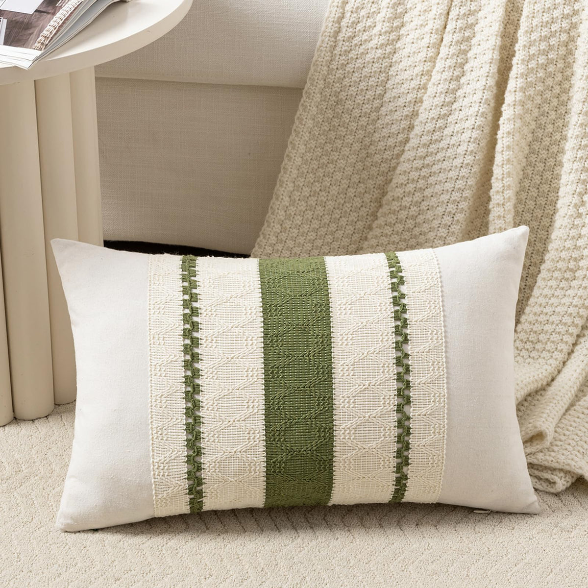 Fancy Homi Set of 1 Sage Green Boho Lumbar Decorative Throw Pillow Covers 12x20 Inch for Living Room Bedroom Couch Bed Chair, Rustic Retro Cushion Case, Bohemian Room Home Decor