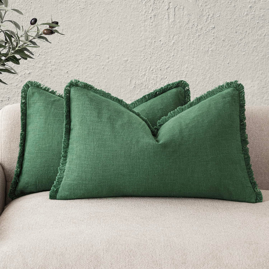 Foindtower Decorative Linen Fringe Throw Pillow Covers 18×18 Olive Green