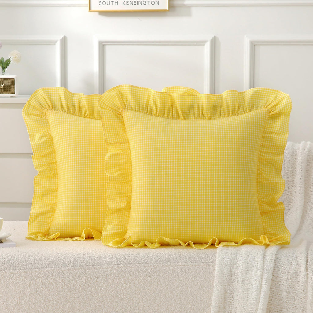 Gingham Throw Pillow Covers 18x18, Warm Taupe/White, Ruffle Trim