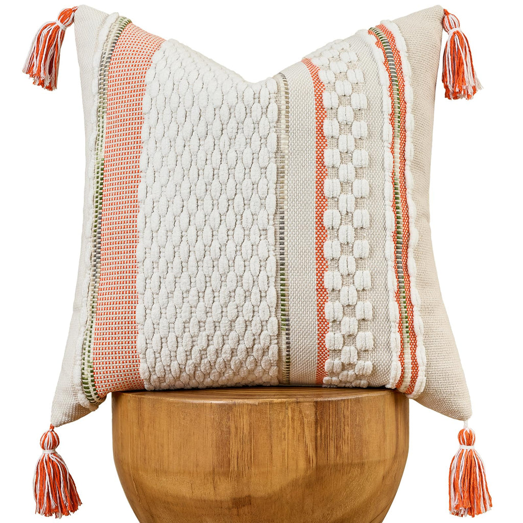 AmHoo Set of 2 Chenille Striped Textured Boho Throw Pillow Covers Aesthetic with Tassels Woven Decorative Pillow Case for Couch Bed Sofa Bedroom Modern Funky 18 x 18-Inch Brown