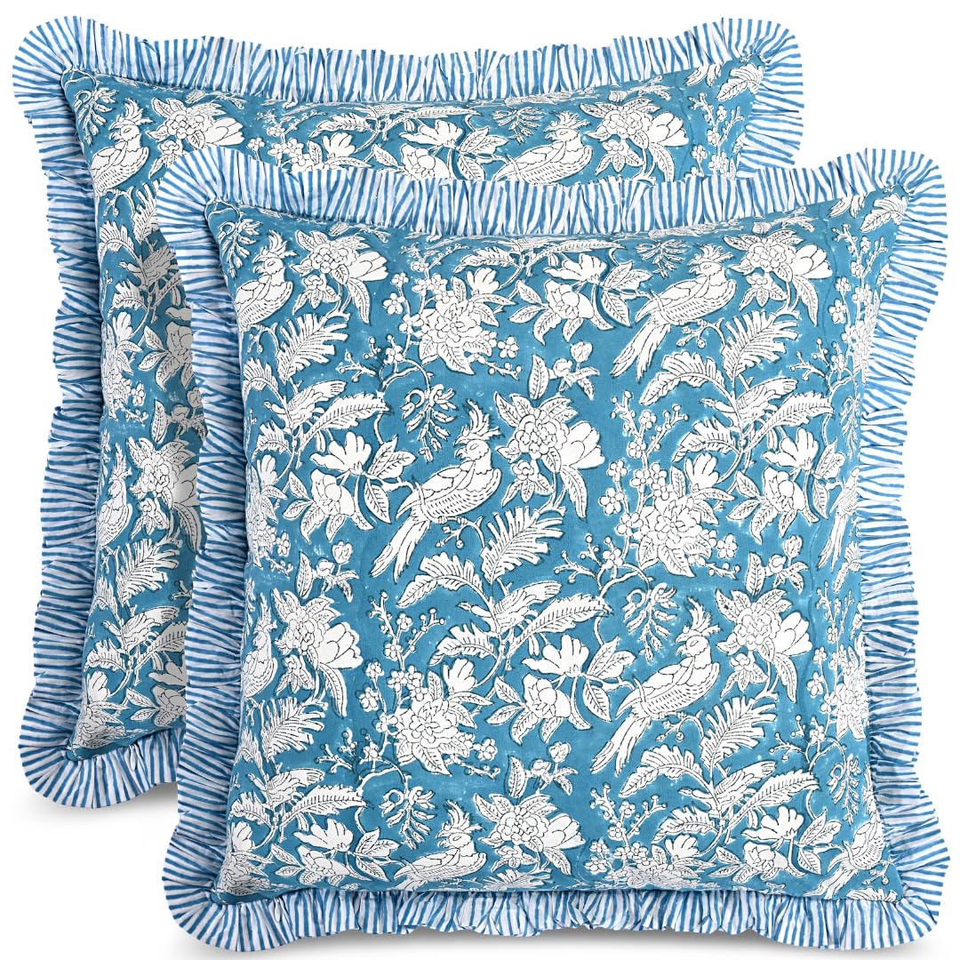 CPC Block Print Ruffle Throw Pillow Cover Emerald Green 20"x20", Pack of 2