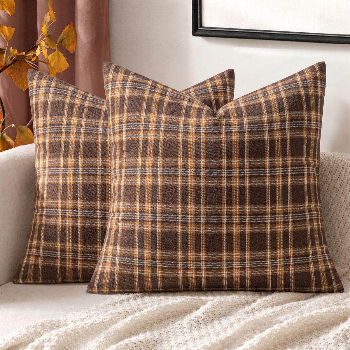 MIULEE Fall Plaid Pillow Covers Scottish Tartan 18x18 Brown