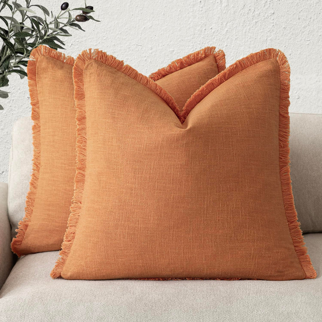 Foindtower Decorative Linen Fringe Throw Pillow Covers 20×20 Inch,Beige
