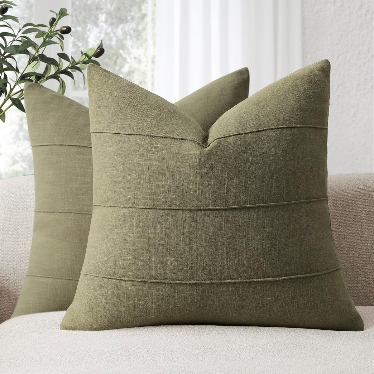 Decorative Linen Throw Pillow Covers 18x18 Set of 2 Solid handcrafted Striped Cushion Covers for Bed Soft Modern Farmhouse Neutral Pillowcase for Couch Bedroom Living Room Home Decor(Natural Beige)