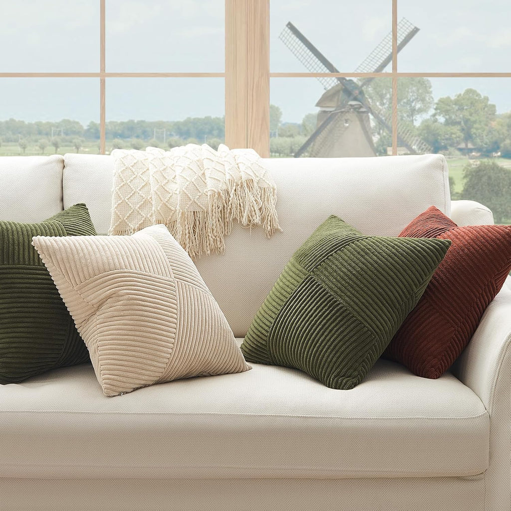 Topfinel Olive Green Decorative Throw Pillow Covers Set of 2 18x18 Inches for Couch Bed Sofa, Boho Aesthetic Home Decor, Soft Corduroy Striped Patchwork Windmill Textured Cushion Cases 45x45 cm