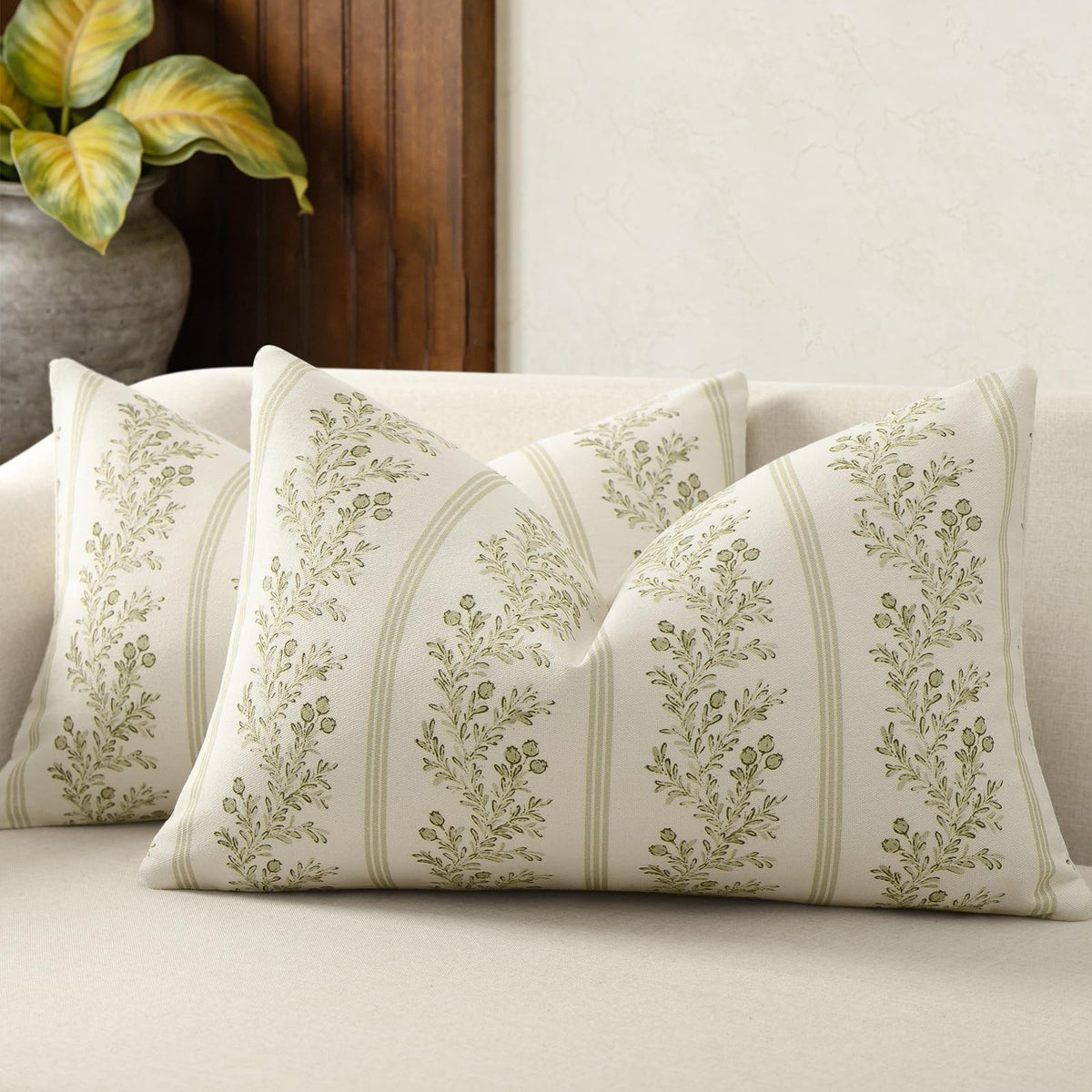Vintage Throw Pillow Covers 18x18 Set of 2, Striped Floral Pillow Cover Botanical Patterned Decorative Cushion Covers Modern Farmhouse Home Decor for Sofa Couch Bed Living Room, Light Brown