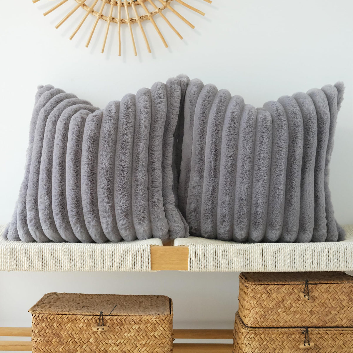 JOJUSIS Faux Fur Plush Throw Pillow Covers, Beige, 20 x 20-Inch