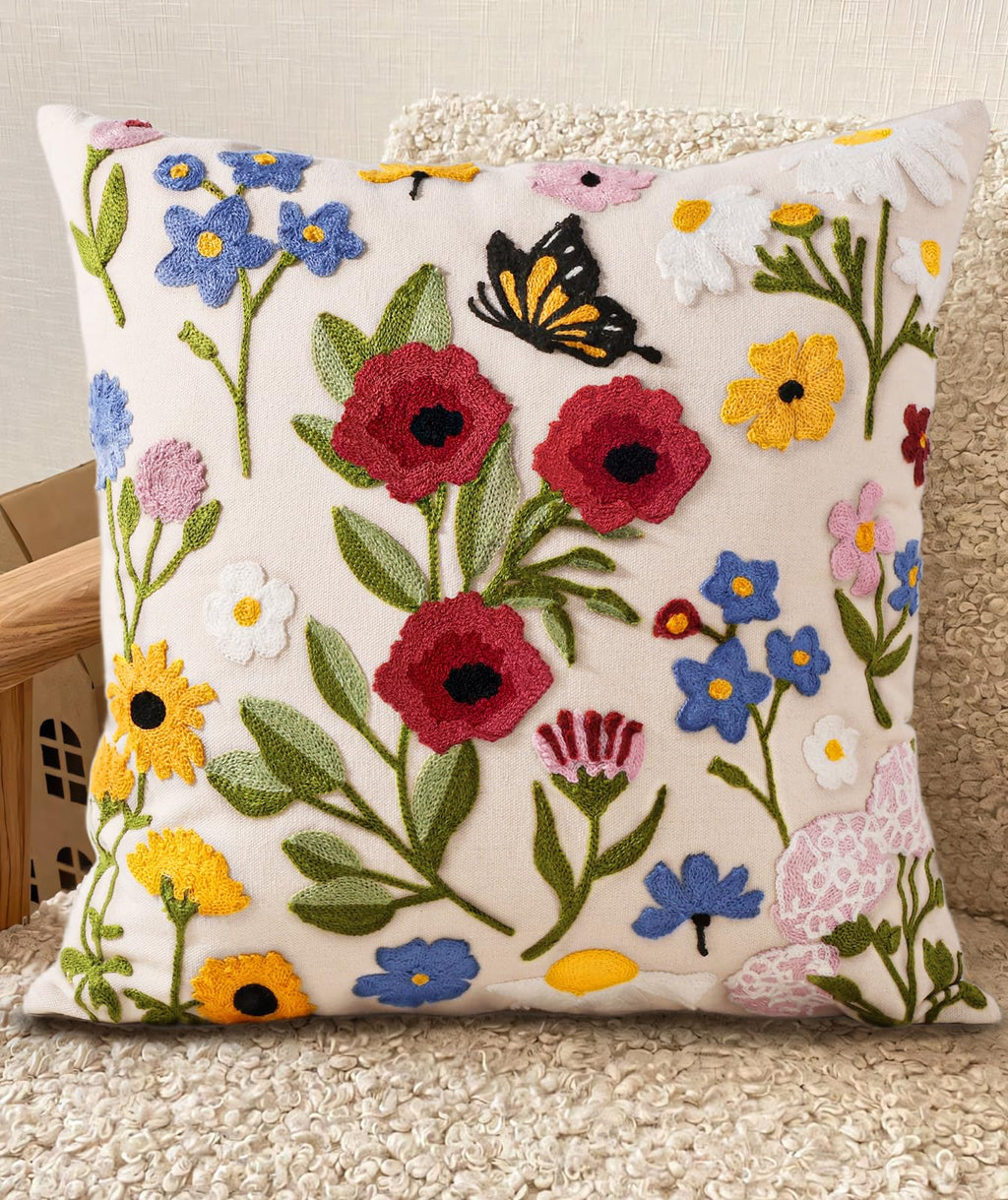 Embroidered Throw Pillow Cover 18x18 Inch, Flower Cluster