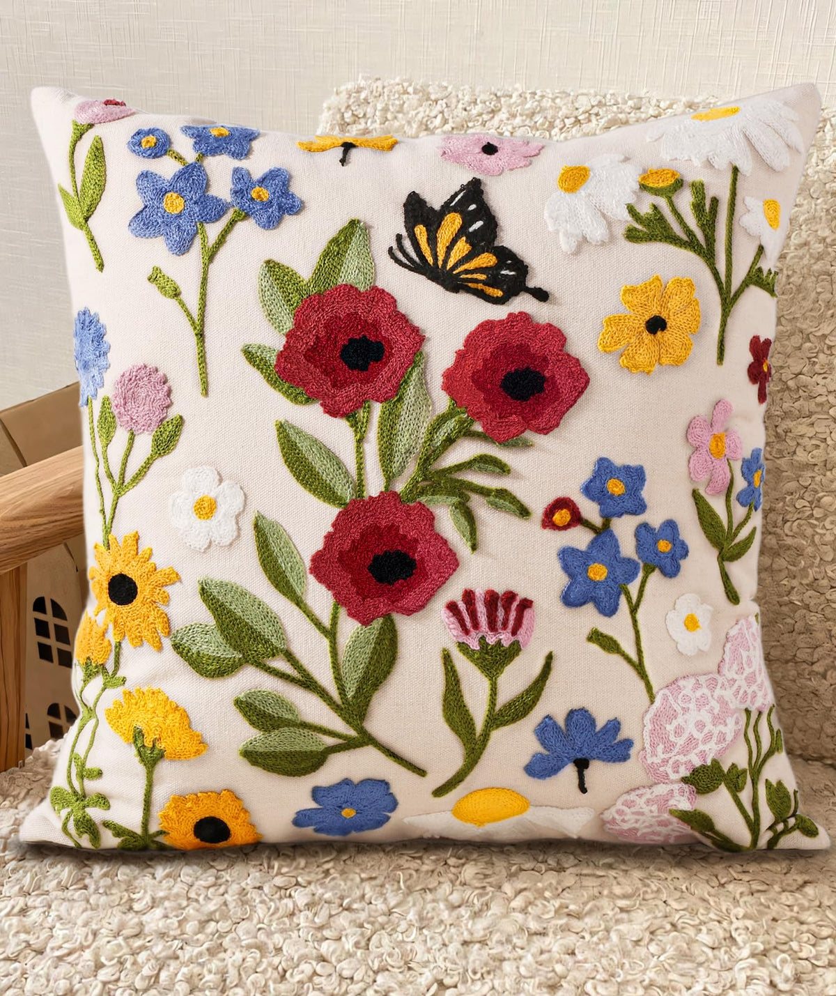 Embroidered Throw Pillow Cover 18x18 Inch, Flower Cluster