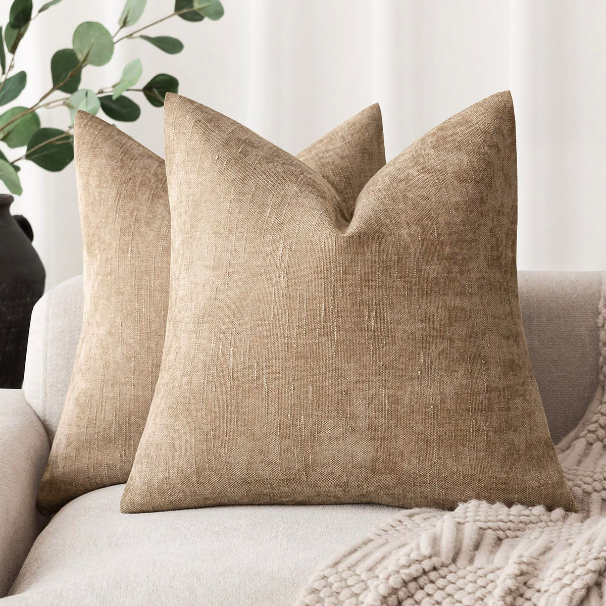 Foindtower Solid Textured Chenille Throw Pillow Covers 20x20 Inch,Taupe