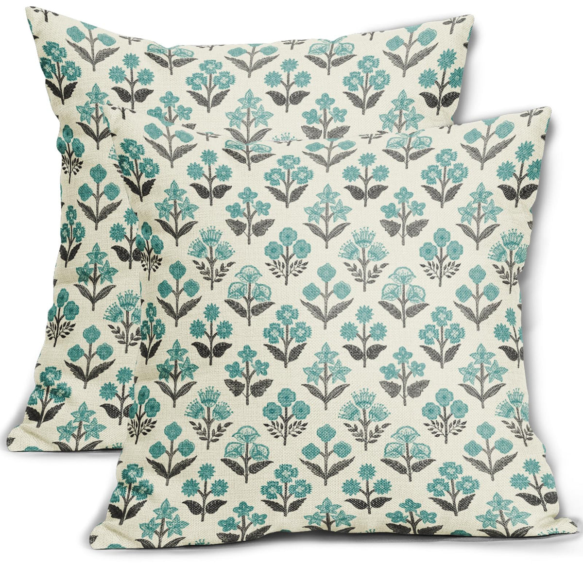 Blue Green Block Print Pillow Covers 18x18 Inch Set of 2, Vintage Floral Spring Decorative Throw Pillow Cases Boho Cushion Covers Rustic Decoration Gift Farmhouse Sofa Couch Bed Decor
