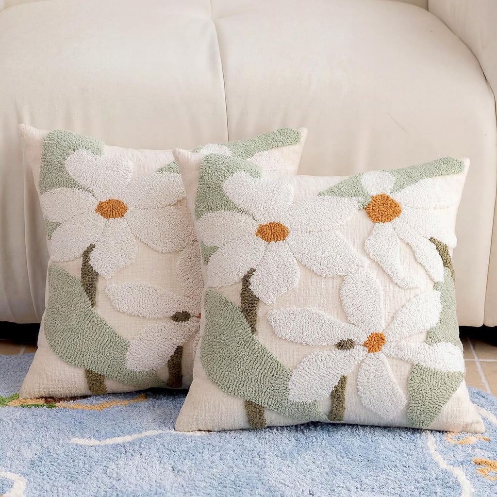 Premium Chenille Embroidered Throw Pillow Covers 18x18 Set of 2, Thick 3D Tufted Pink Floral Decorative Cushion Covers with Hidden Zipper for Couch Sofa Bed Living Room Boho Home Decor