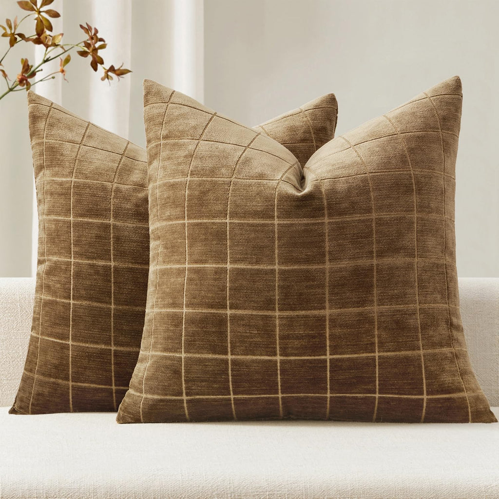 MIULEE Taupe Grey Plaid Decorative Fall Throw Pillow Covers 20x20 Set of 2