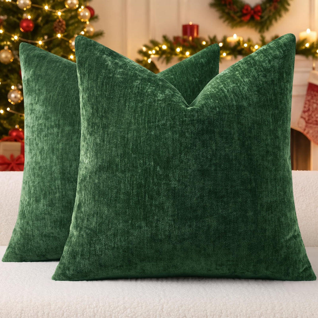 decorUhome Soft Chenille Moss Green Throw Pillow Covers 18X18 Set of 2