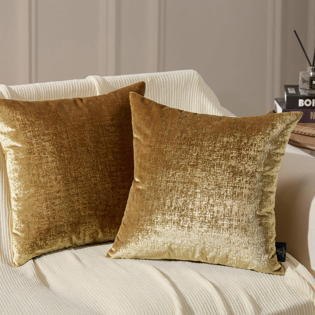Phantoscope Pack of 2 Sparkling Velvet Geometric-pattern Throw Decorative Pillow Cover Soft Gold Glitter Square Cushion Cover Pillowcase for Couch Bed and Chair, Dark Brown, 18 x 18 inches, 45 x 45 cm