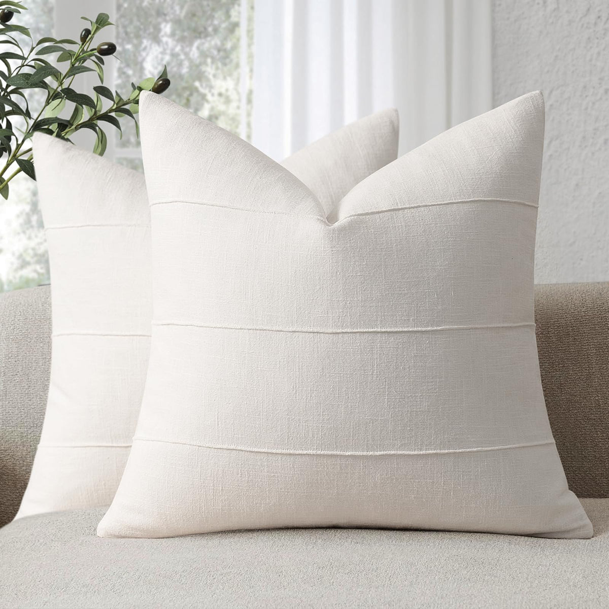 Decorative Linen Throw Pillow Covers 18x18 Set of 2 Solid handcrafted Striped Cushion Covers for Bed Soft Modern Farmhouse Neutral Pillowcase for Couch Bedroom Living Room Home Decor(Natural Beige)