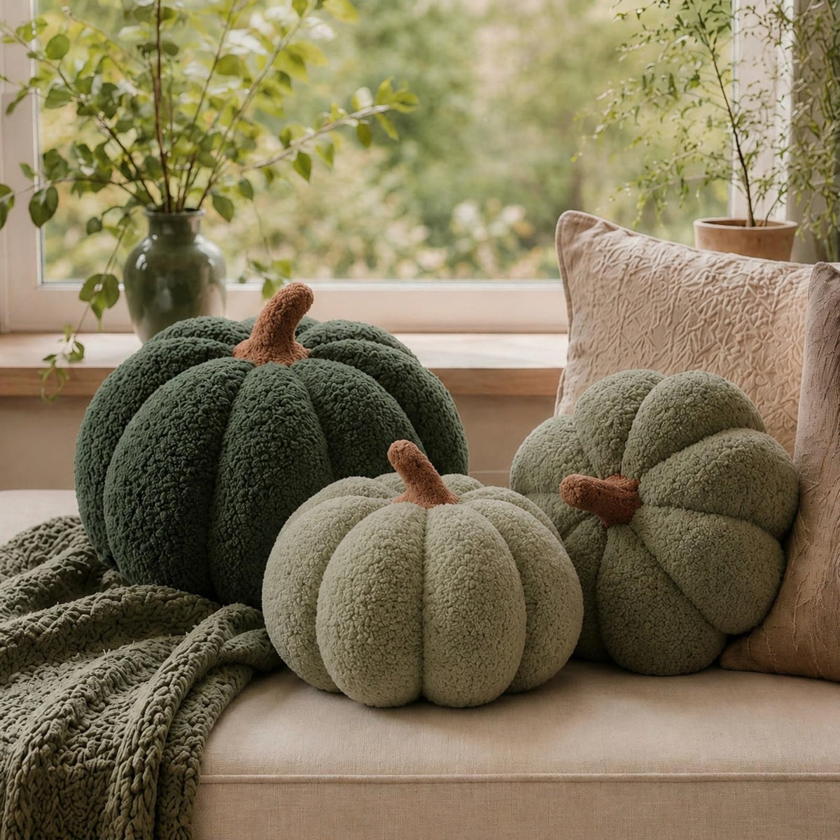 Juexica 3 Pcs Stuffed Pumpkin Pillows Fall Decor Cushions,Cool Neutral