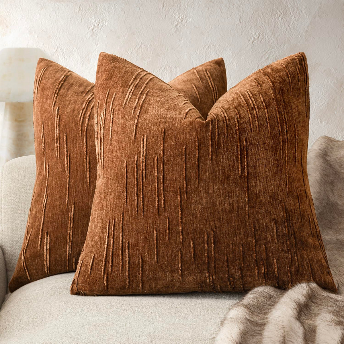 Foindtower Pack of 2 Slubby Textured Chenille Throw Decorative Pillow Covers Square Accent Solid Cushion Cover Neutral Farmhouse Pillow Case for Sofa Bedroom Living Room 18x18 Inch,Dark Olive Green