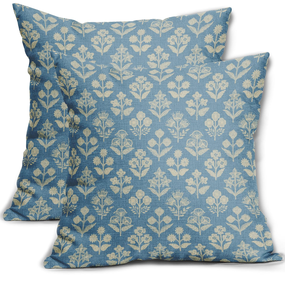 Blue Green Block Print Pillow Covers 18x18 Inch Set of 2, Vintage Floral Spring Decorative Throw Pillow Cases Boho Cushion Covers Rustic Decoration Gift Farmhouse Sofa Couch Bed Decor