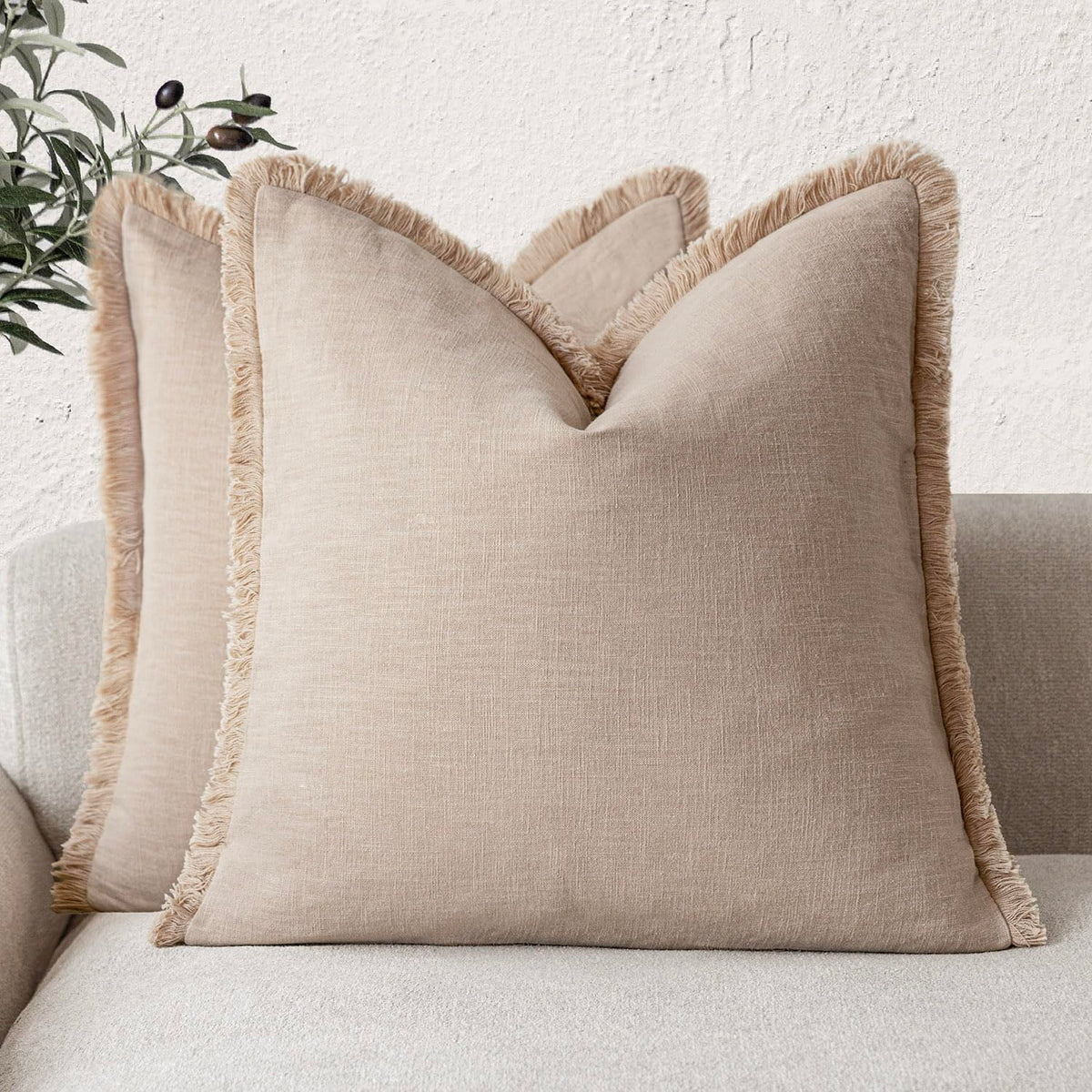 Foindtower Decorative Linen Fringe Throw Pillow Covers 18×18 Olive Green