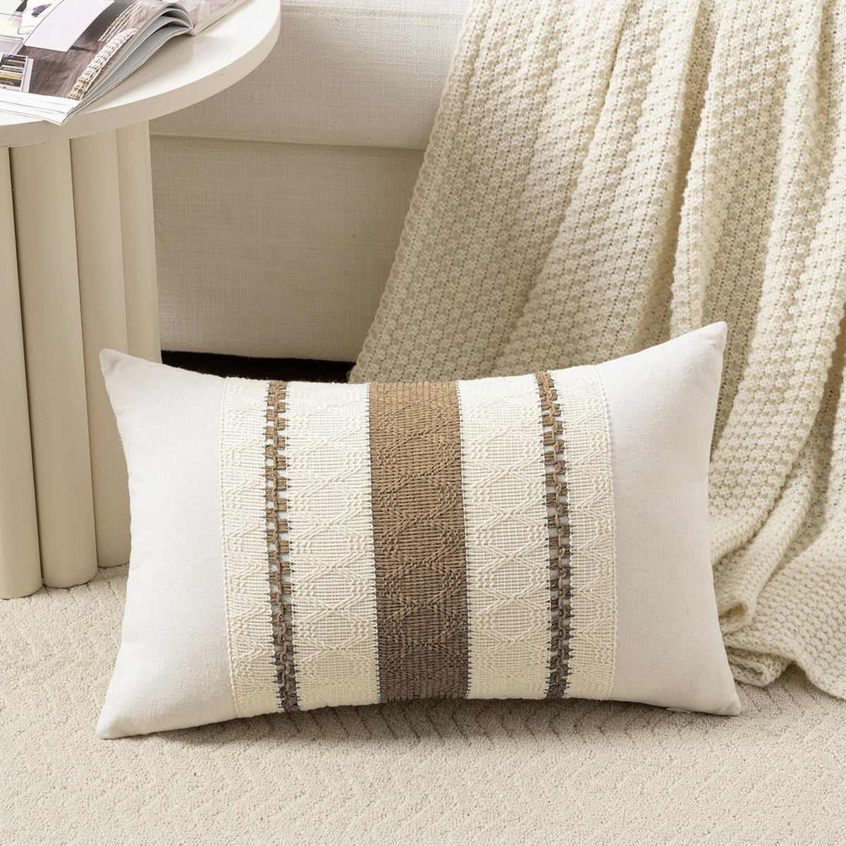 Fancy Homi Set of 1 Sage Green Boho Lumbar Decorative Throw Pillow Covers 12x20 Inch for Living Room Bedroom Couch Bed Chair, Rustic Retro Cushion Case, Bohemian Room Home Decor