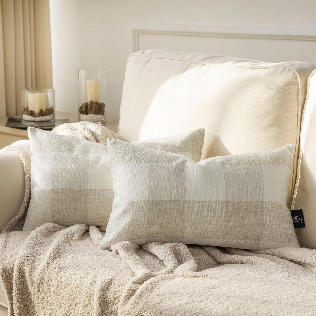 Phantoscope Pack of 2 Gingham Buffalo Check Plaid Throw Decorative Pillow Cover Outdoor Indoor Throw Pillows Farmhouse Square Pillow Cases for Home Decor Off White,18 x 18 Inches