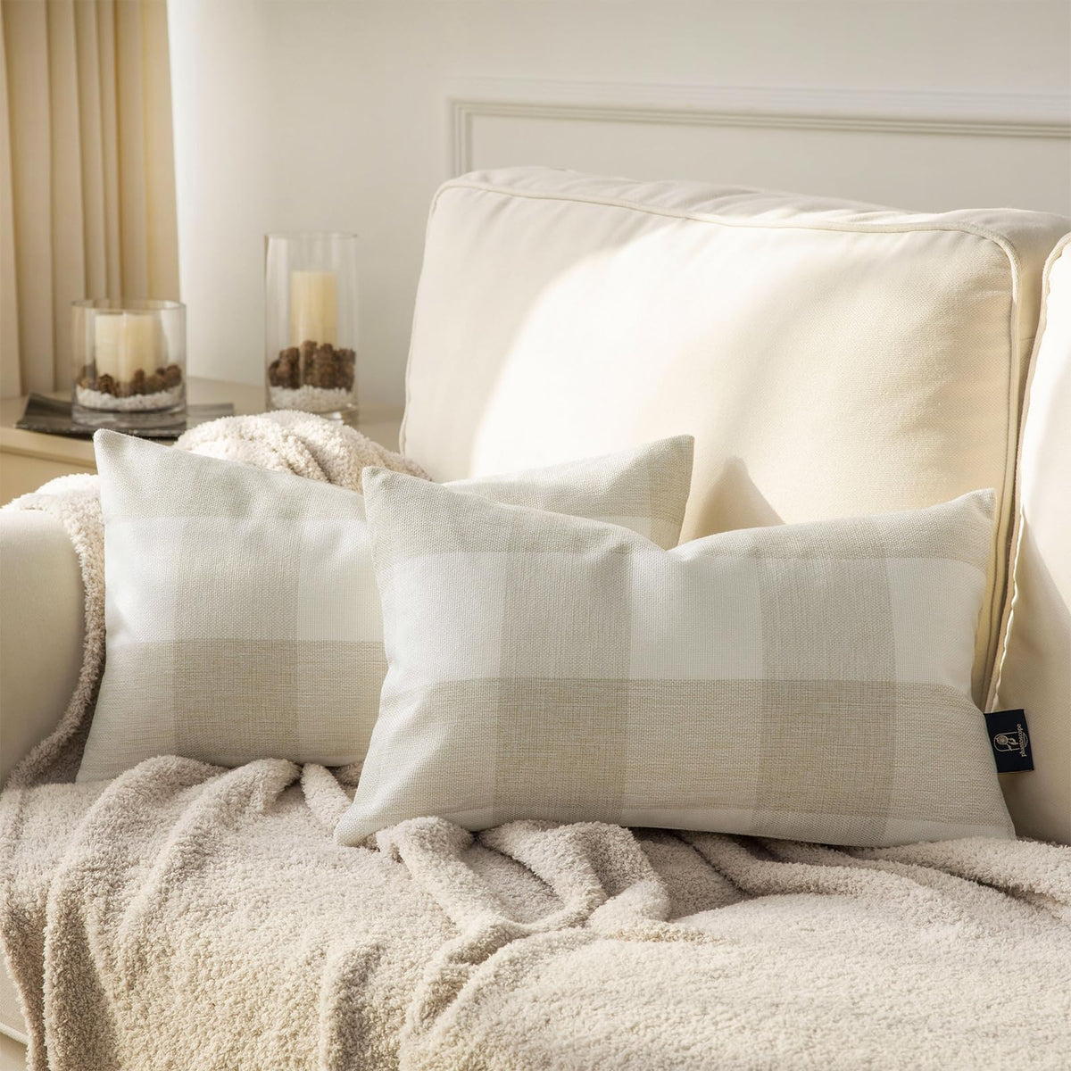 Phantoscope Pack of 2 Gingham Buffalo Check Plaid Throw Decorative Pillow Cover Outdoor Indoor Throw Pillows Farmhouse Square Pillow Cases for Home Decor Off White,18 x 18 Inches