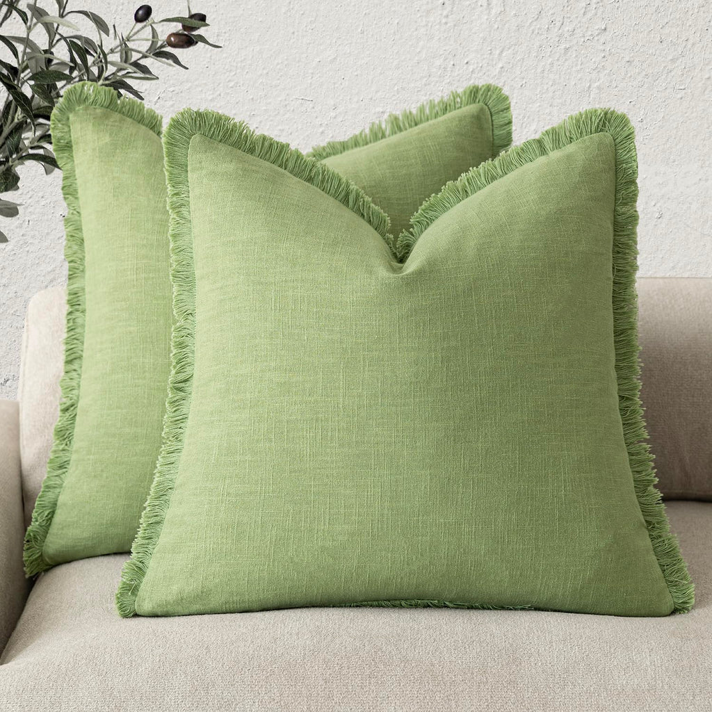 Foindtower Decorative Linen Fringe Throw Pillow Covers 20×20 Inch,Beige