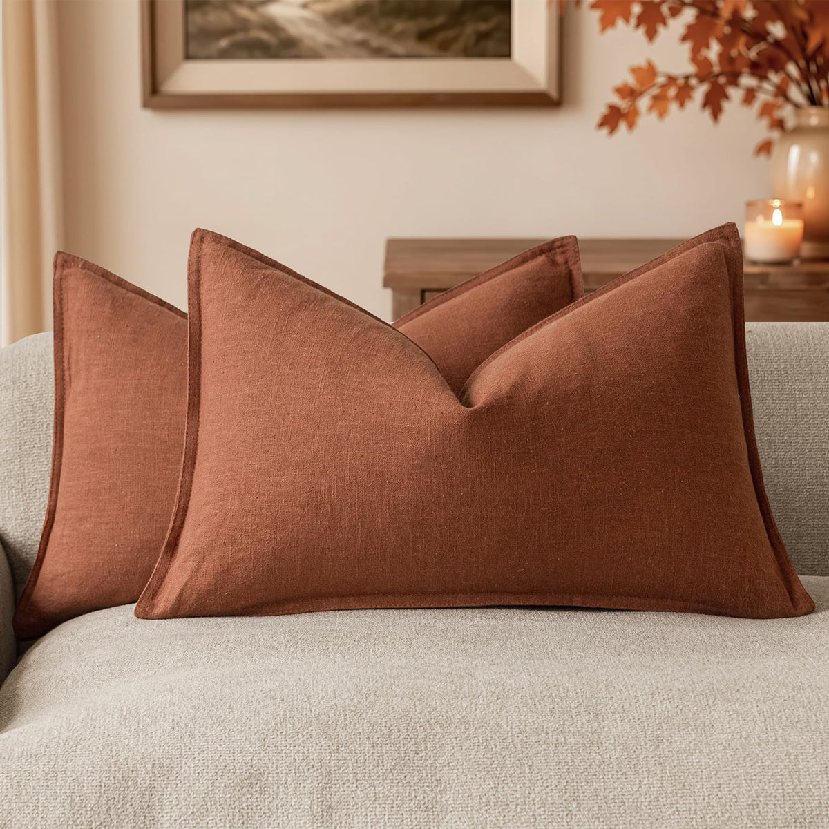 Foindtower Linen Solid Decorative Throw Pillow Covers 20x20 Natural Beige