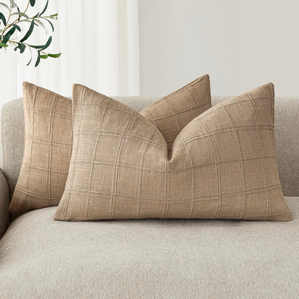 Foindtower Boho Linen Check Decorative Throw Pillow Cover 20×20 Olive Green