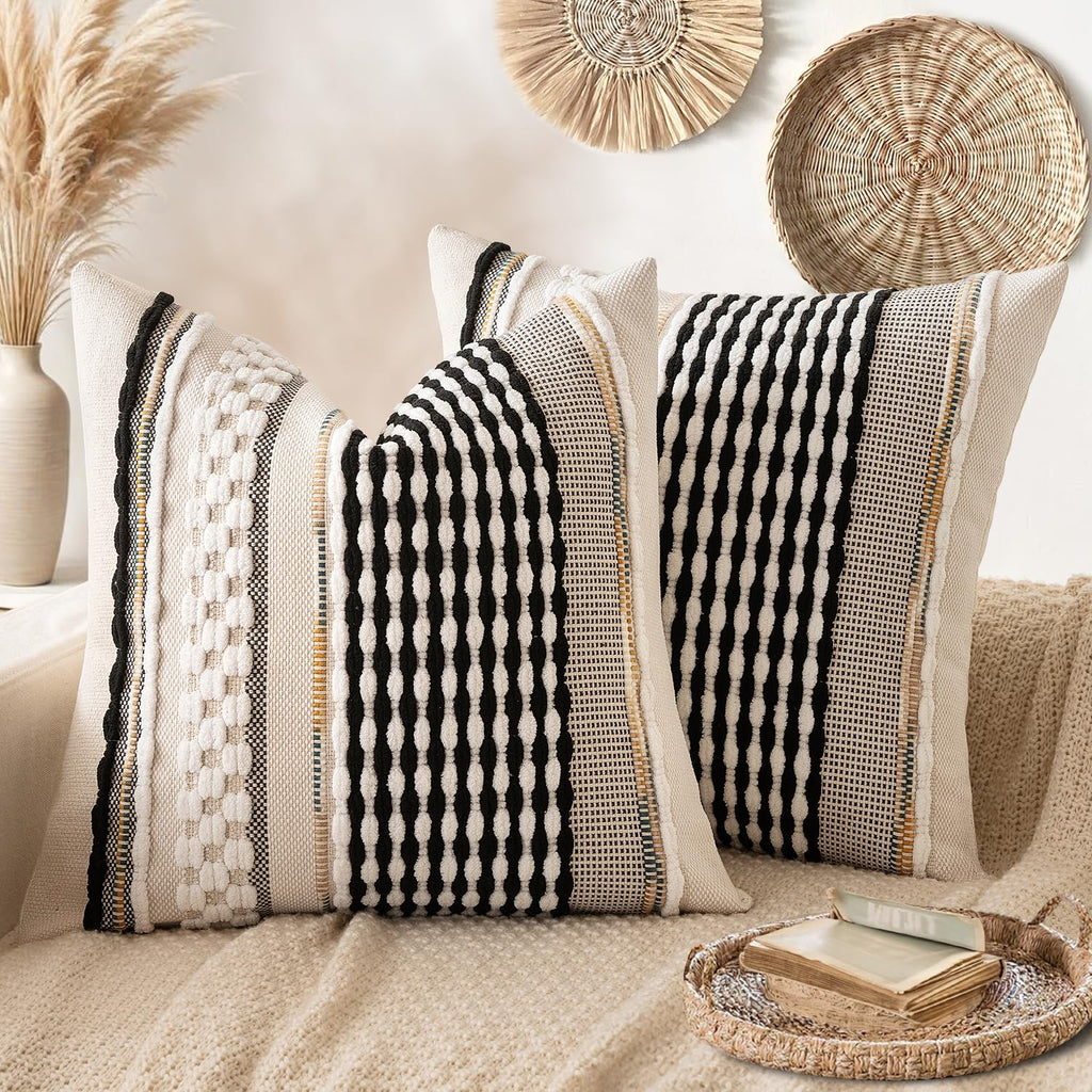 ANRODUO Boho Decorative Pillow Covers Olive Green Stripe 18x18 Pack of 2