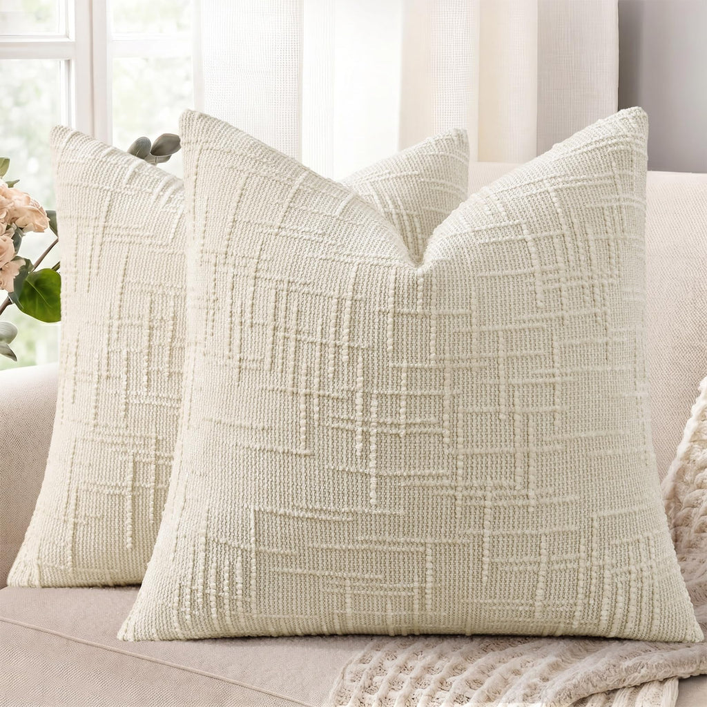 decorUhome Textured Chenille Throw Pillow Covers 18x18 Set of 2 Cream White