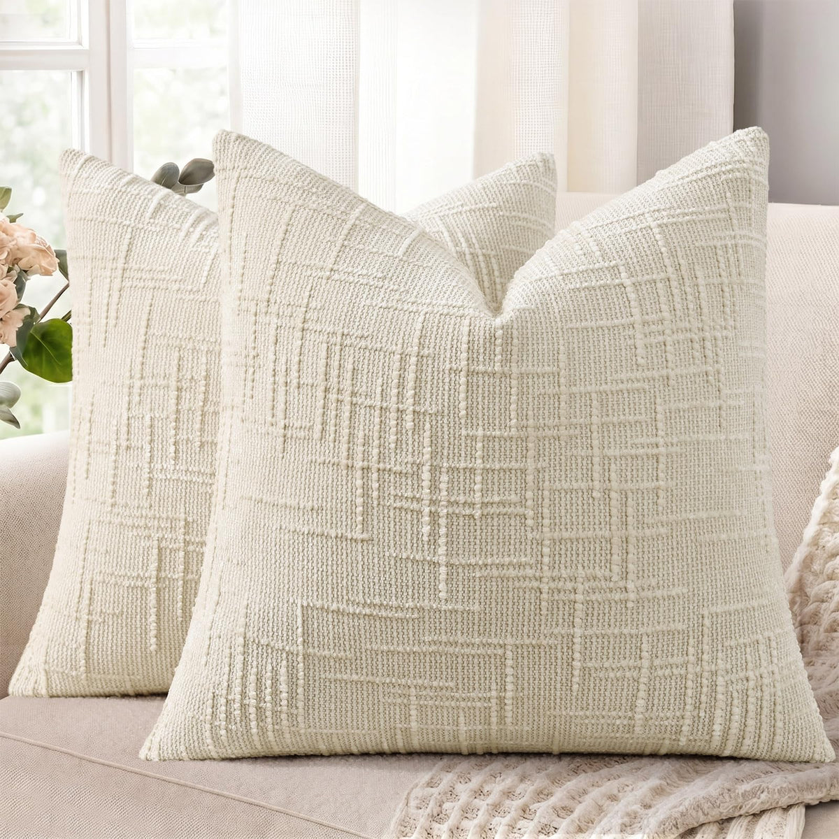 decorUhome Textured Chenille Throw Pillow Covers 18x18 Set of 2 Cream White