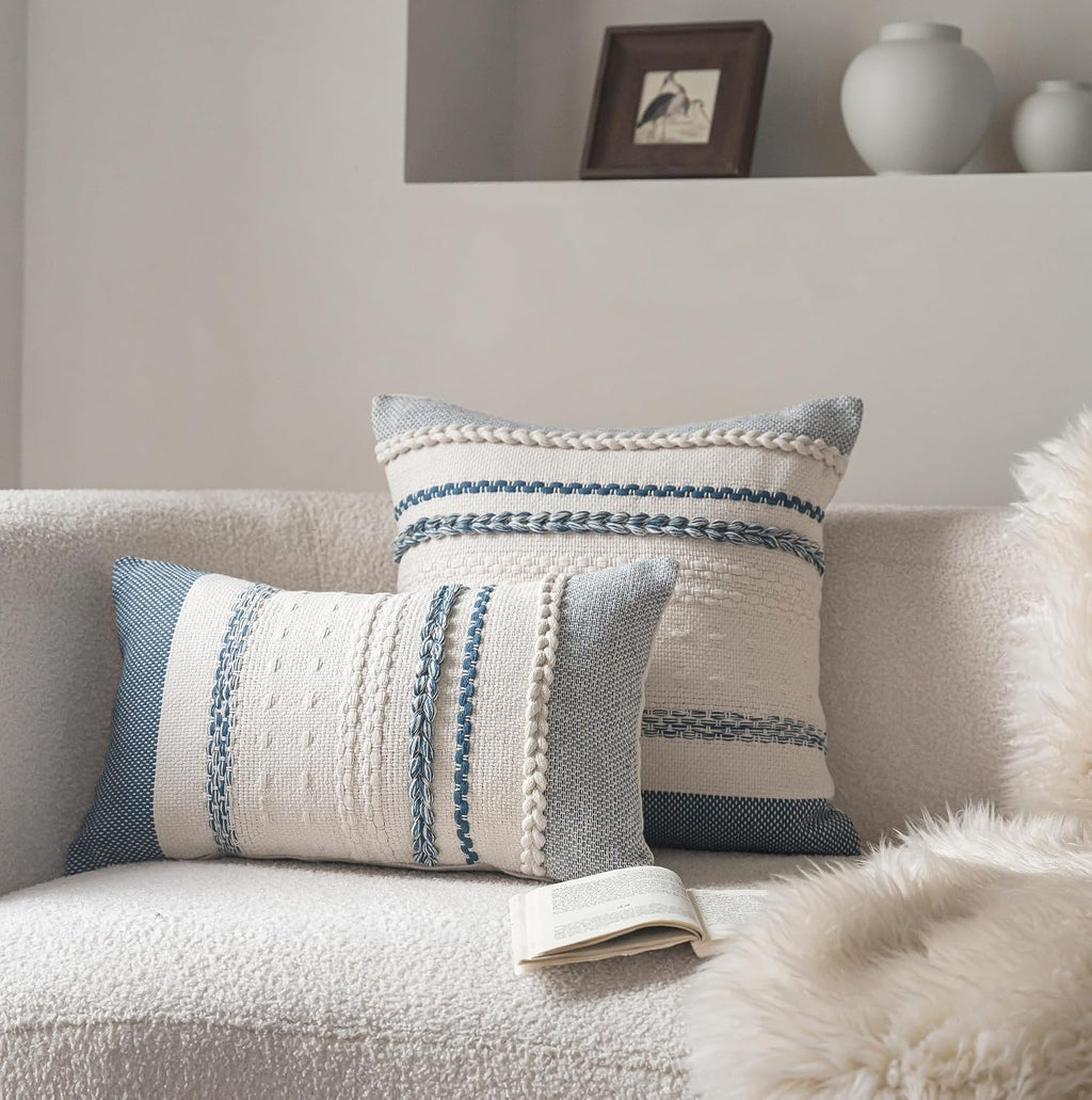 Cethom Boho Throw Pillow Covers 20x20 Inch Set of 2, Blue Textured Decorative Couch Pillow Cases for Farmhouse Home Decor, Accent Cushion Cover for Sofa, Bed, Living Room, Bedroom