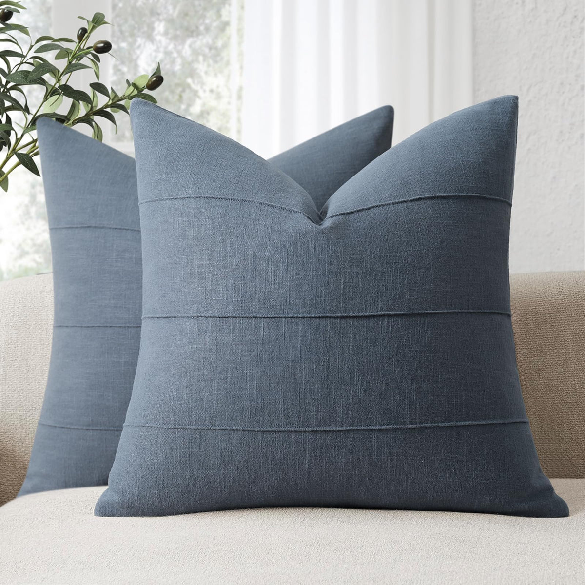 Decorative Linen Throw Pillow Covers 18x18 Set of 2 Solid handcrafted Striped Cushion Covers for Bed Soft Modern Farmhouse Neutral Pillowcase for Couch Bedroom Living Room Home Decor(Natural Beige)