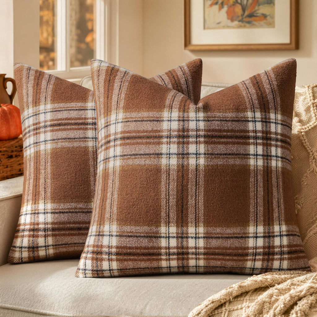 MIULEE Fall Plaid Decorative Pillow Covers Set of 2 20x20 Brown