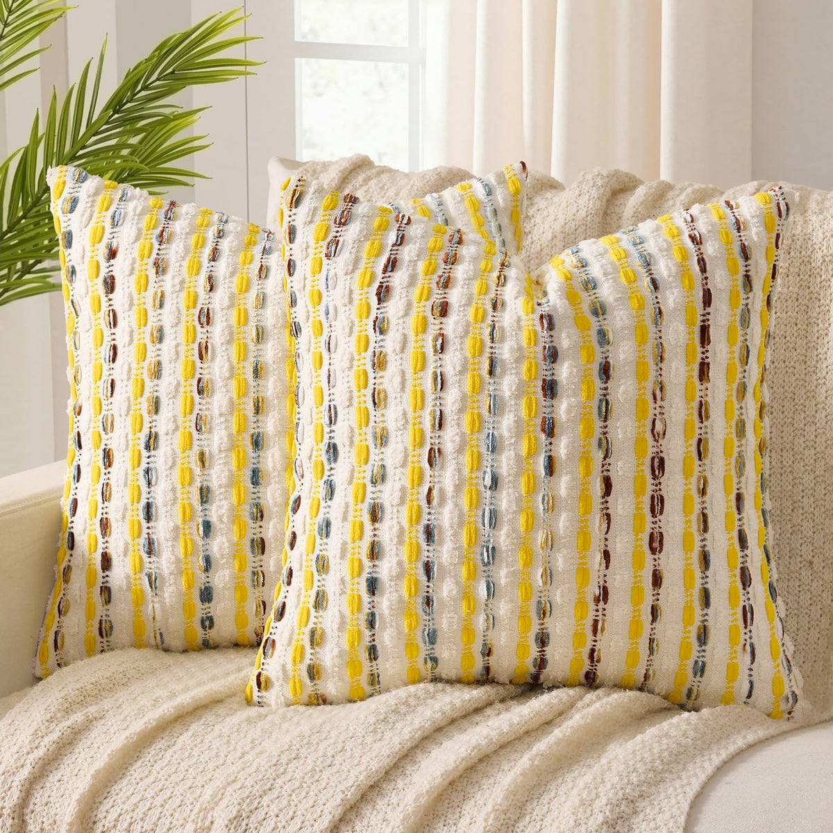 ANRODUO Boho Decorative Pillow Covers Olive Green Stripe 18x18 Pack of 2