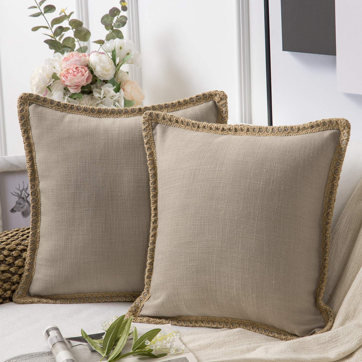 Phantoscope Pack of 2 Farmhouse Decorative Solid Throw Decorative Pillow Cover Burlap Linen Trimmed Tailored Edges Navy Blue 18 x 18 inches, 45 x 45 cm