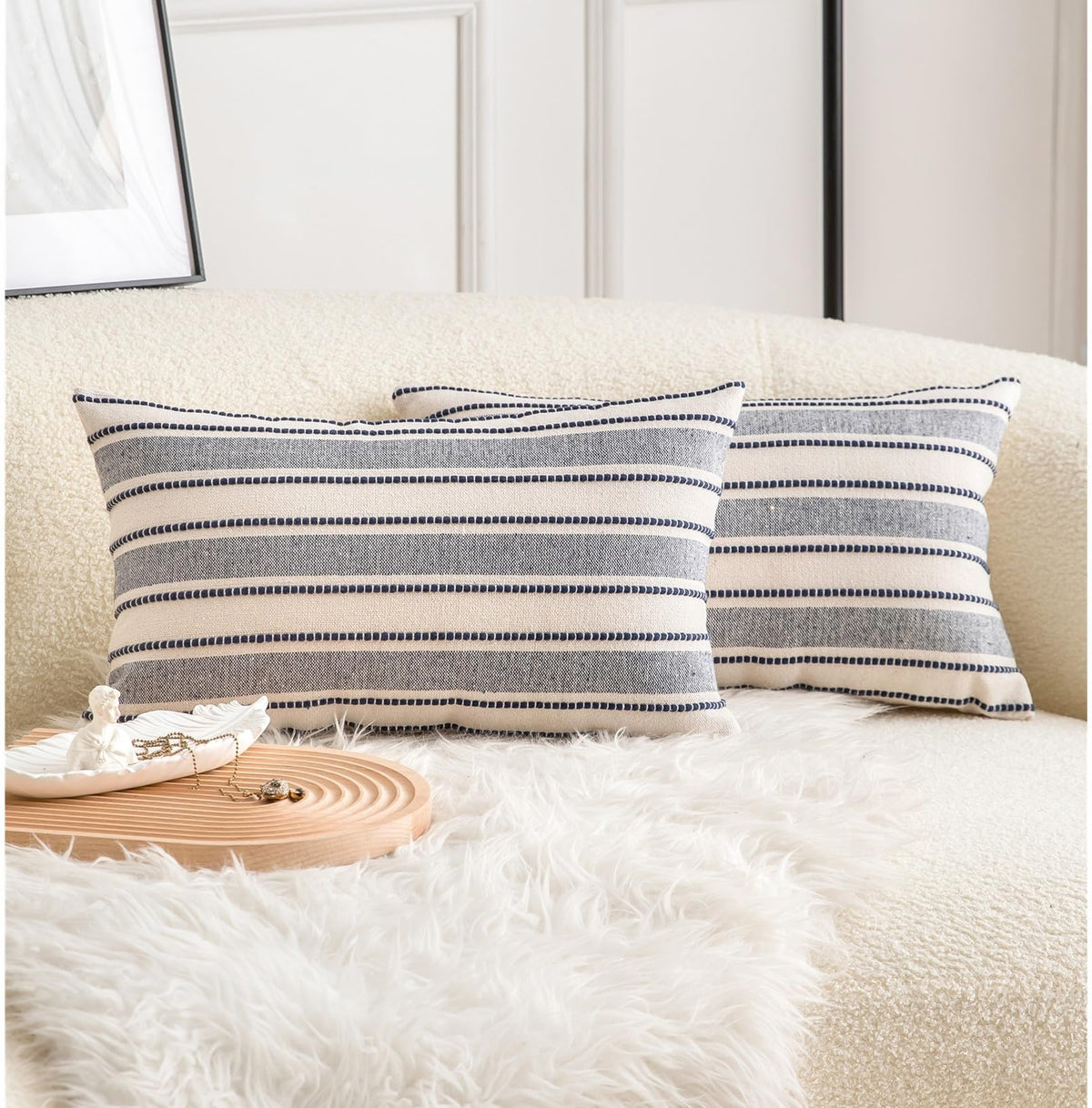 Cethom Decorative Boho Throw Pillow Covers, Farmhouse Textured Pillow Case, 20 x 20 Inch Set of 2, Chair Sofa Bedroom Living Room Home Decor Couch Cushion Case, Classic Blue and Beige Striped