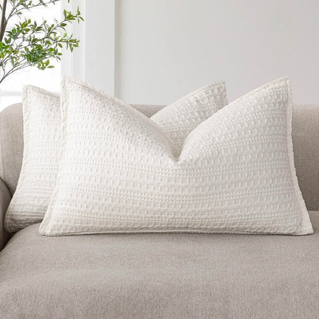 Foindtower Set of 2 Decorative Cotton Waffle Weave Textured Throw Pillow Covers Euro Sham Cushion Covers Accent European Pillowcase For Bed Couch Sofa Bedroom Living Room Home Decor 18×18 Inch Oatmeal