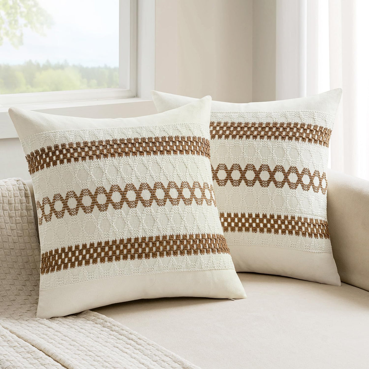MIULEE Set of 2 Sage Green Boho Decorative Pillow Covers 18x18 Inch