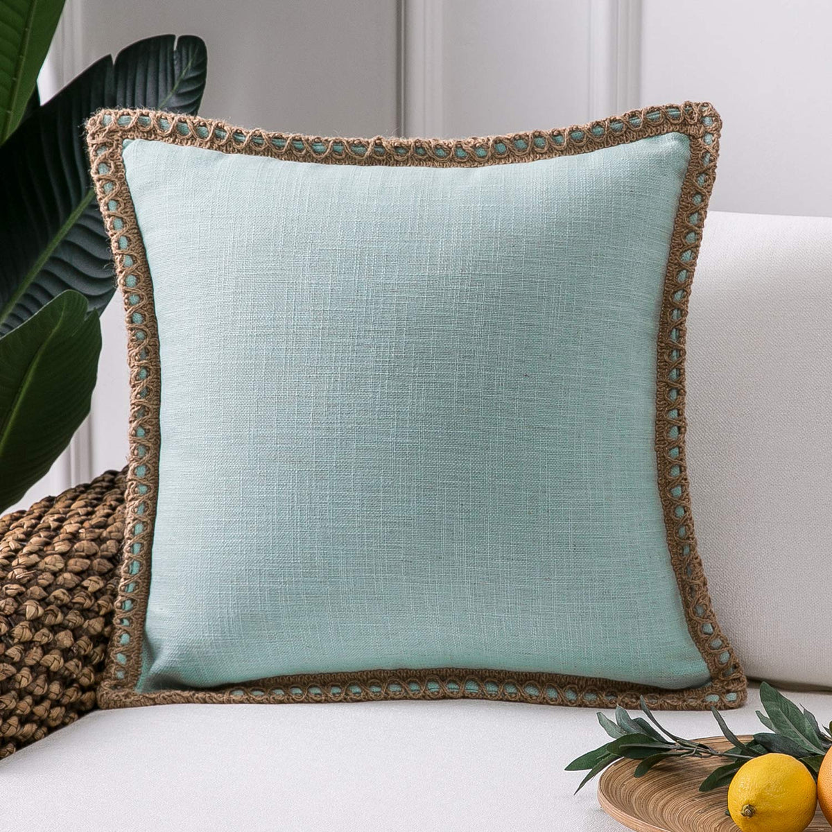 Phantoscope Pack of 2 Farmhouse Decorative Solid Throw Decorative Pillow Cover Burlap Linen Trimmed Tailored Edges Navy Blue 18 x 18 inches, 45 x 45 cm