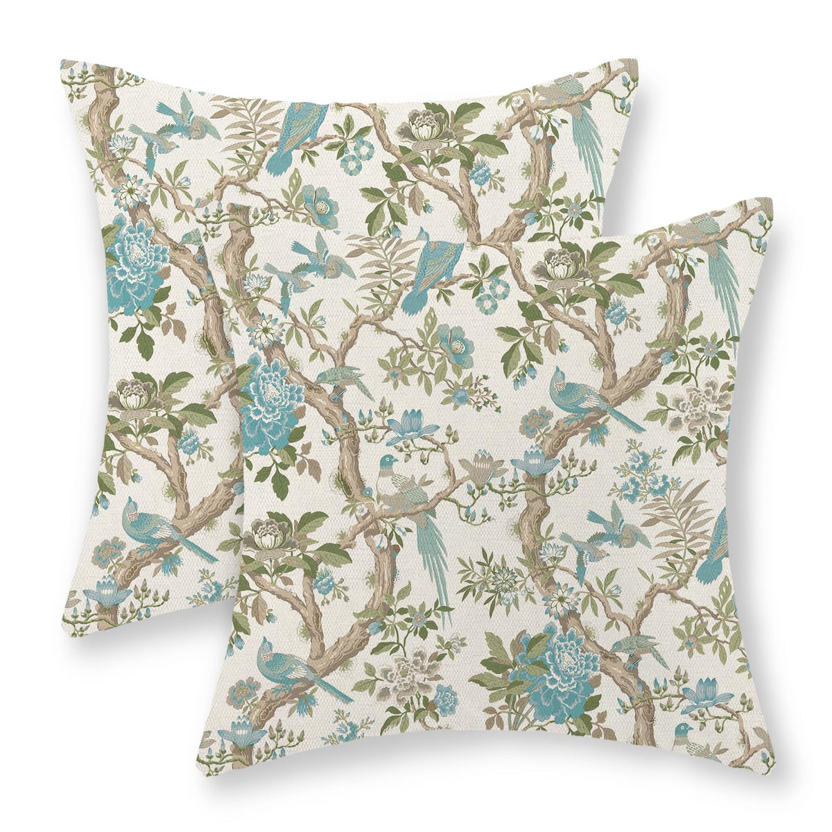 Chinoiserie Pillow Covers 18x18 Set of 2 Blue Green Bird Floral Throw Pillows Vintage Blue Flowers Decorations Outdoor Pillowcase Chinoiserie Decor Farmhouse Linen Cushion Case for Couch Home
