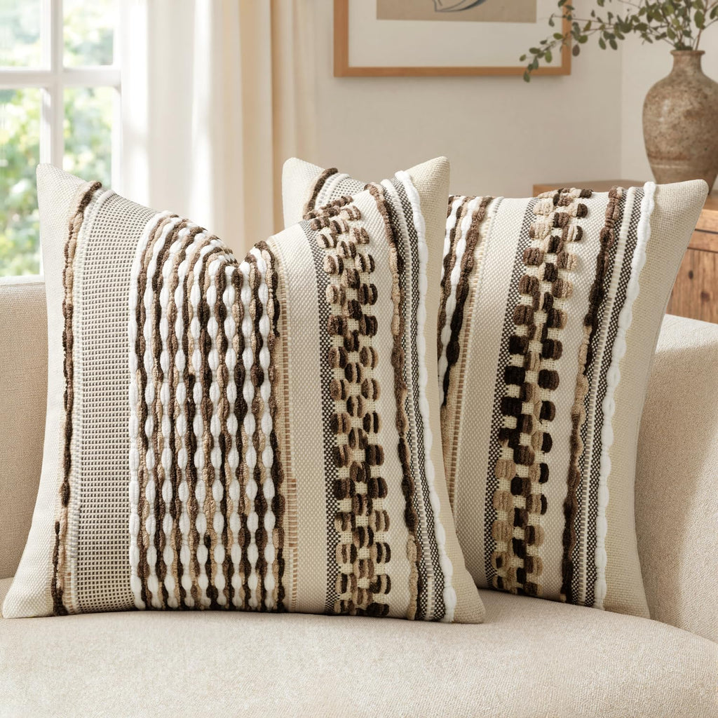 ANRODUO Boho Decorative Pillow Covers Olive Green Stripe 18x18 Pack of 2