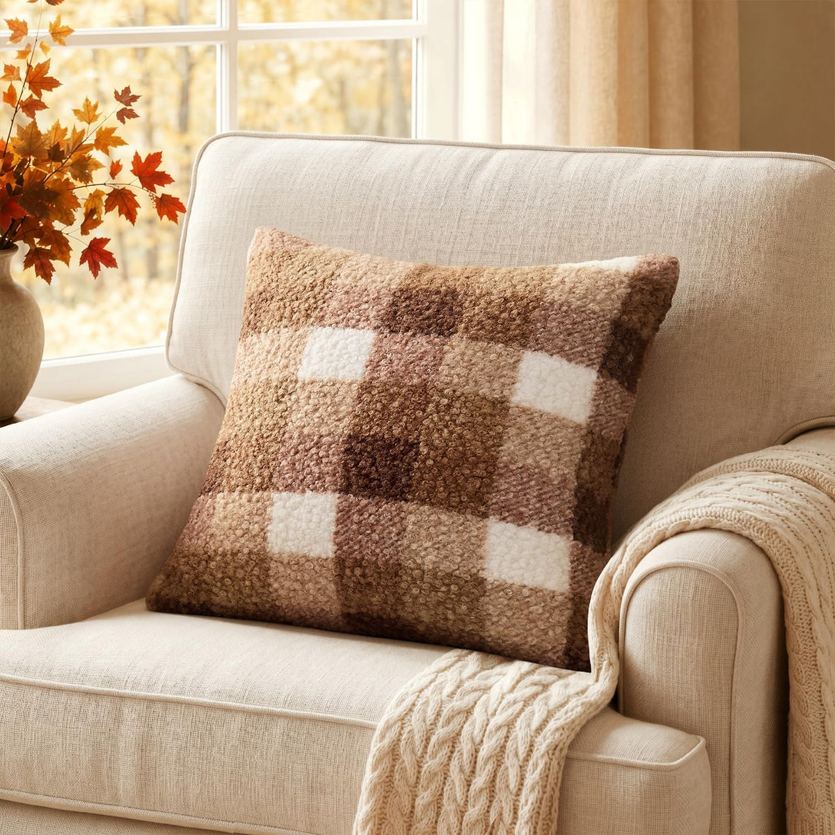 MIULEE Fall Plaid Pillow Covers Boucle Khaki White 18x18 Set of 2
