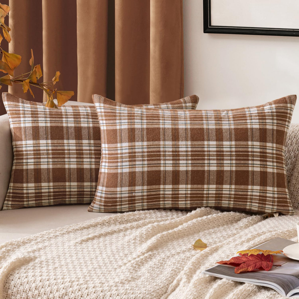MIULEE Fall Plaid Pillow Covers Scottish Tartan 18x18 Brown