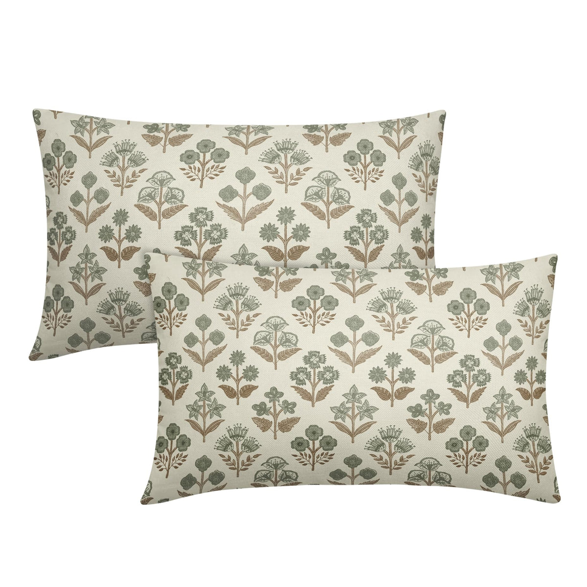 Blue Green Block Print Pillow Covers 18x18 Inch Set of 2, Vintage Floral Spring Decorative Throw Pillow Cases Boho Cushion Covers Rustic Decoration Gift Farmhouse Sofa Couch Bed Decor