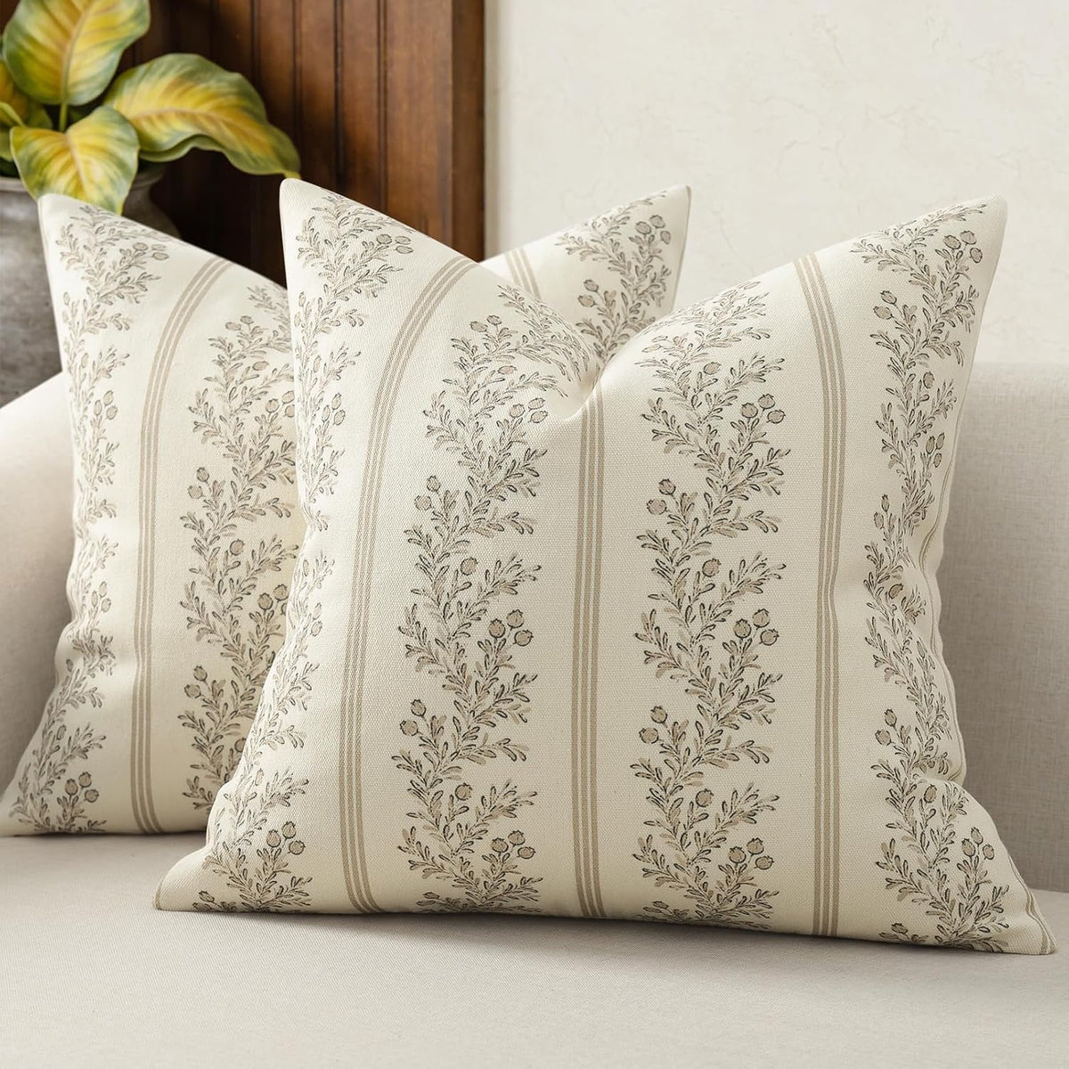 Vintage Throw Pillow Covers 18x18 Set of 2, Striped Floral Pillow Cover Botanical Patterned Decorative Cushion Covers Modern Farmhouse Home Decor for Sofa Couch Bed Living Room, Light Brown