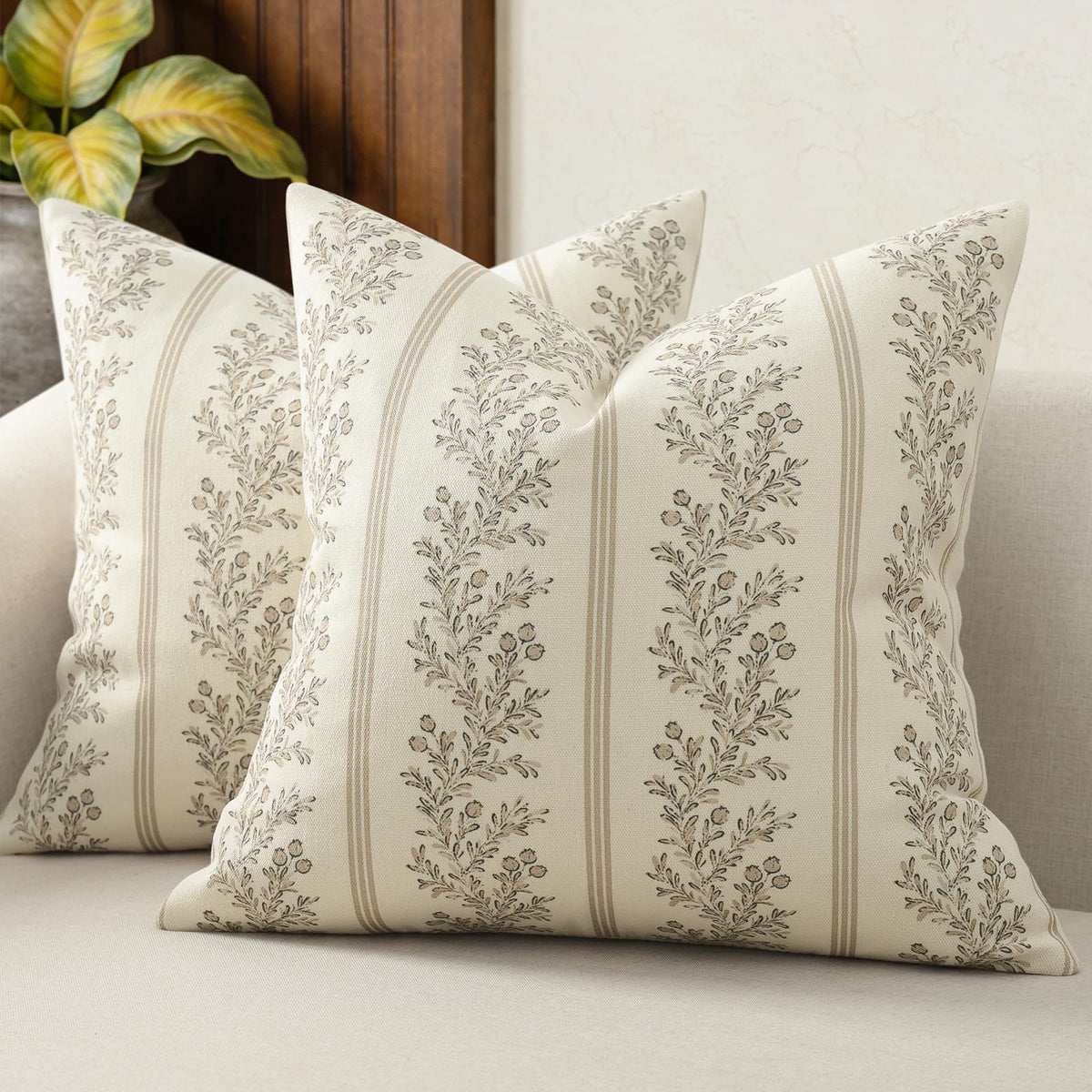 Vintage Throw Pillow Covers 18x18 Set of 2, Striped Floral Pillow Cover Botanical Patterned Decorative Cushion Covers Modern Farmhouse Home Decor for Sofa Couch Bed Living Room, Light Brown